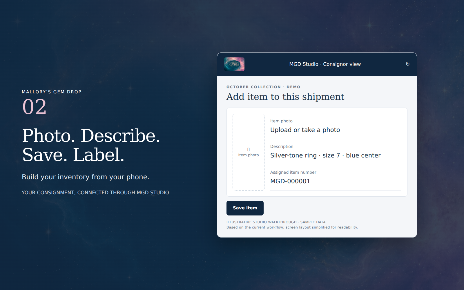 Illustrative Studio example: Photo. Describe. Save. Label.. Sample data.