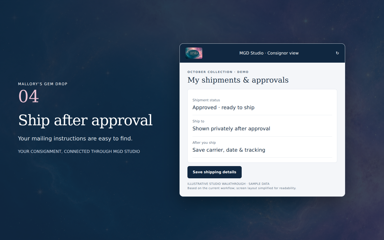 Illustrative Studio example: Ship after approval. Sample data.