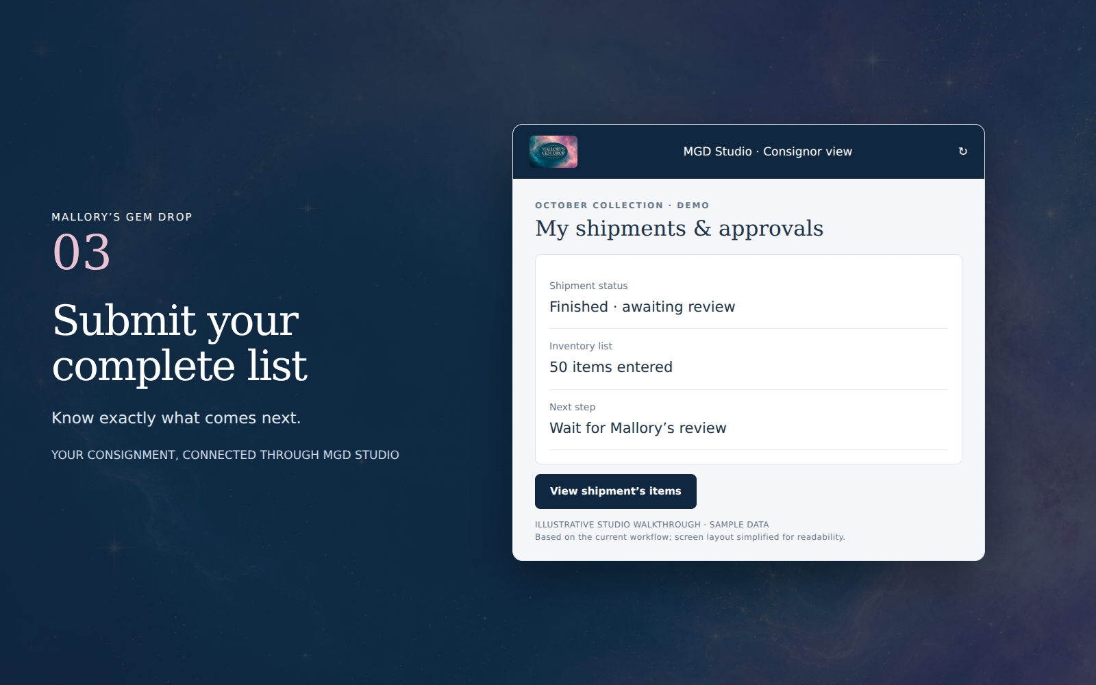 Illustrative Studio example: Submit your complete list. Sample data.
