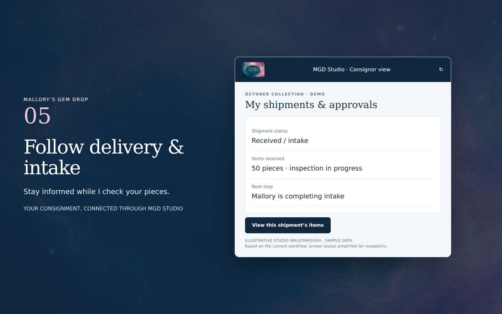 Illustrative Studio example: Follow delivery & intake. Sample data.