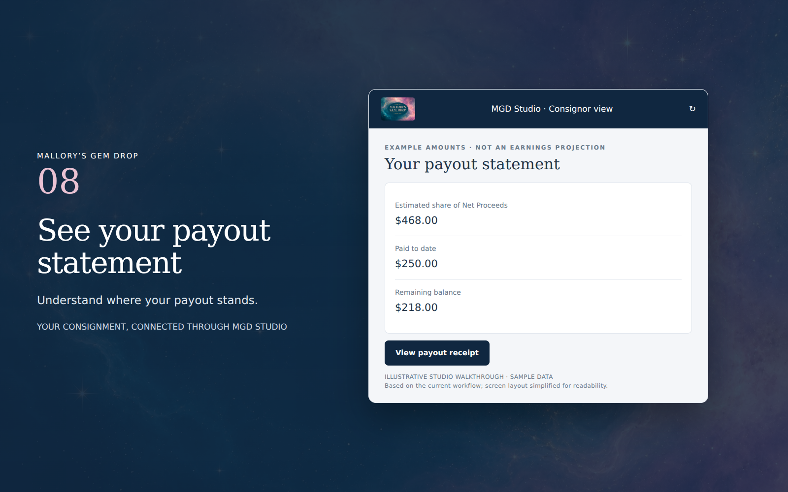 Illustrative Studio example: See your payout statement. Sample data.