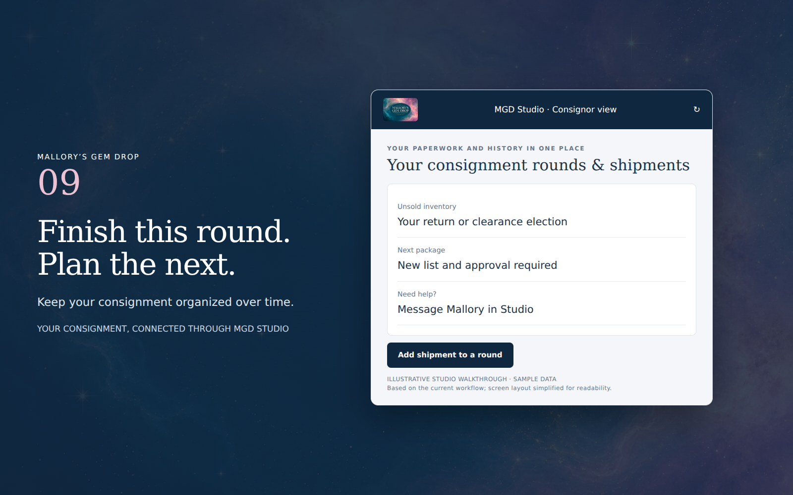Illustrative Studio example: Finish this round. Plan the next.. Sample data.
